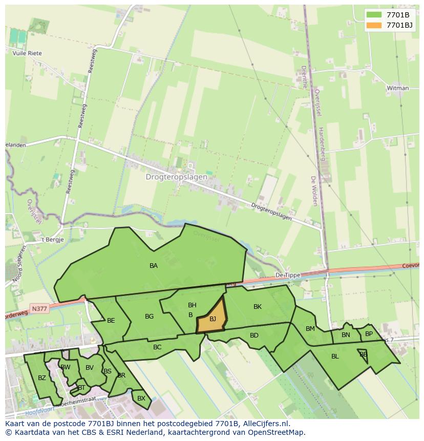 Afbeelding van het postcodegebied 7701 BJ op de kaart.