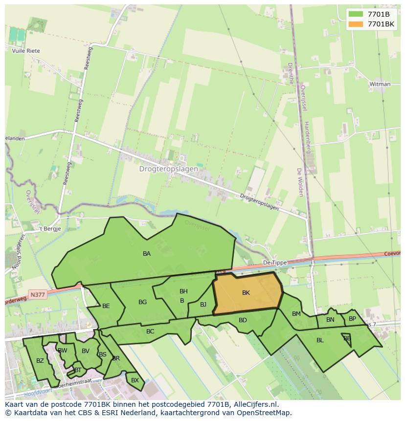 Afbeelding van het postcodegebied 7701 BK op de kaart.