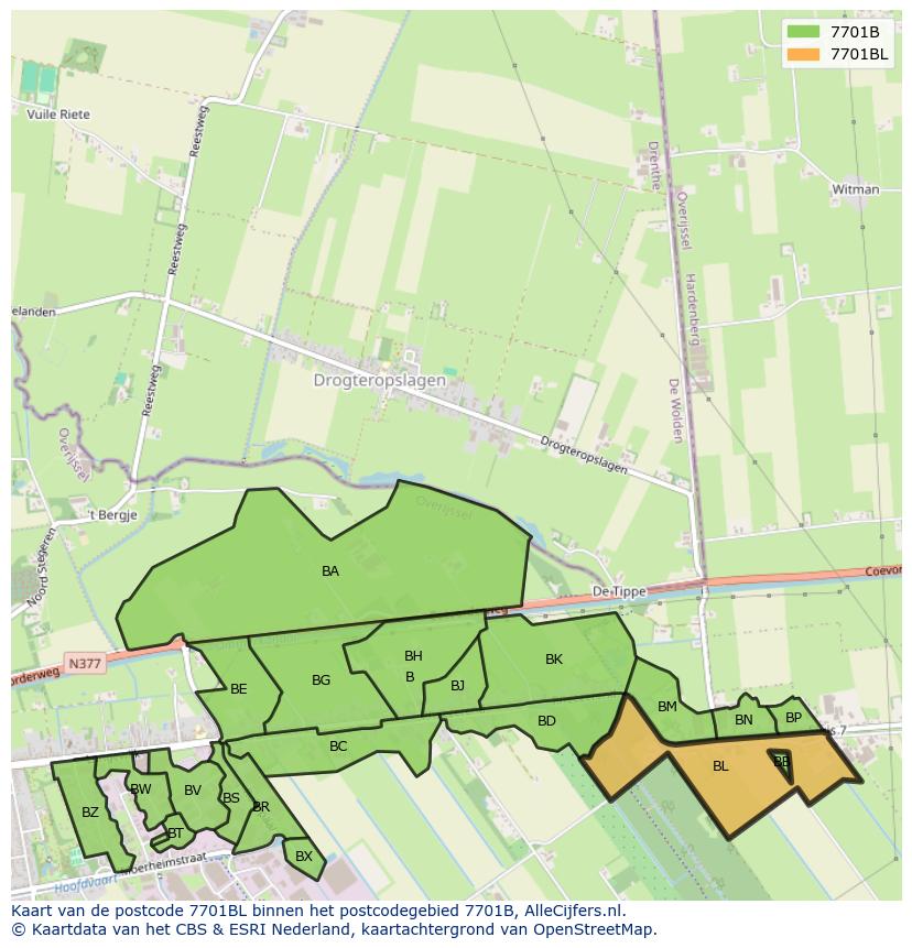 Afbeelding van het postcodegebied 7701 BL op de kaart.