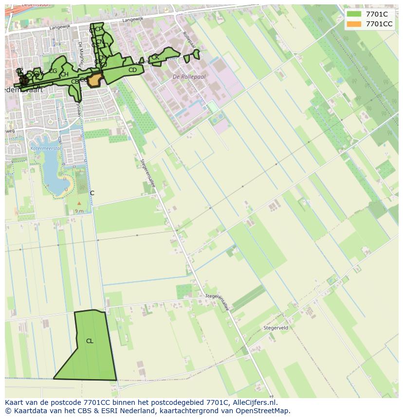 Afbeelding van het postcodegebied 7701 CC op de kaart.