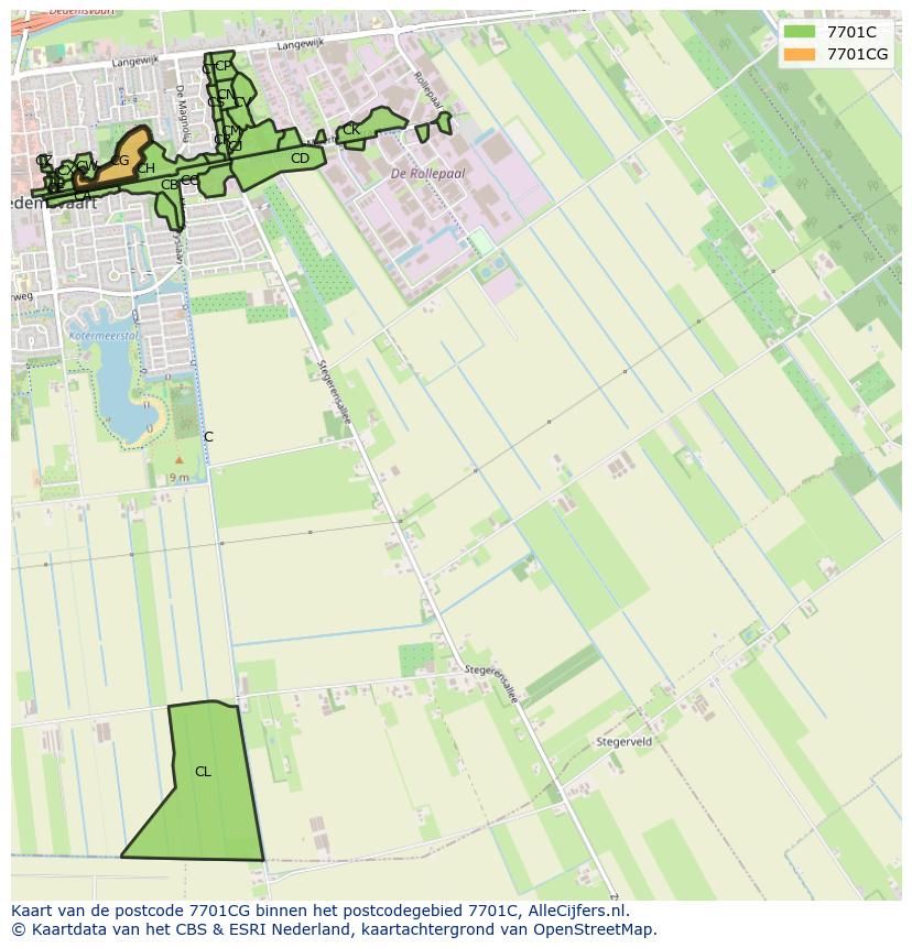 Afbeelding van het postcodegebied 7701 CG op de kaart.