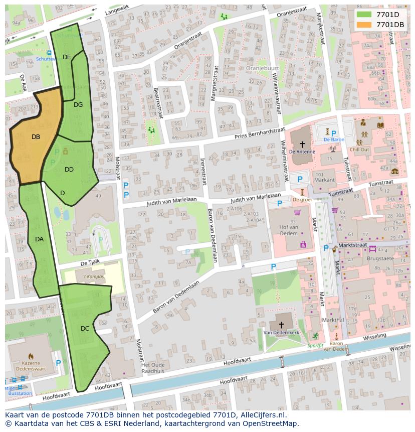 Afbeelding van het postcodegebied 7701 DB op de kaart.