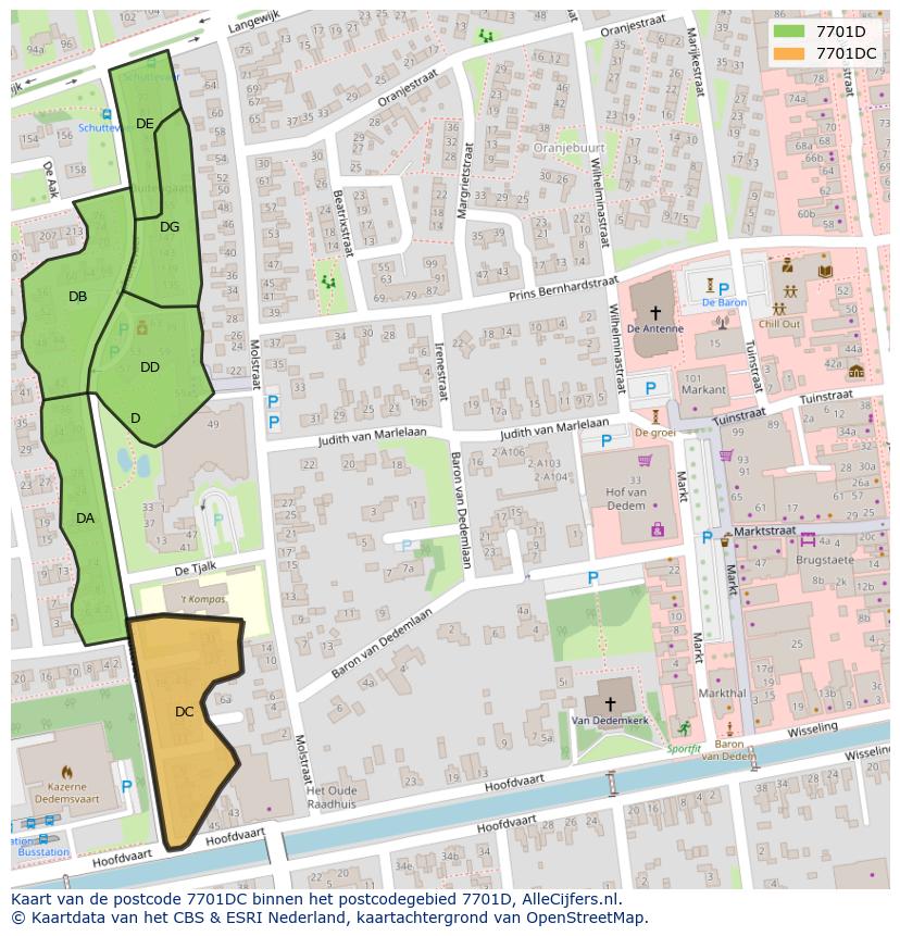 Afbeelding van het postcodegebied 7701 DC op de kaart.