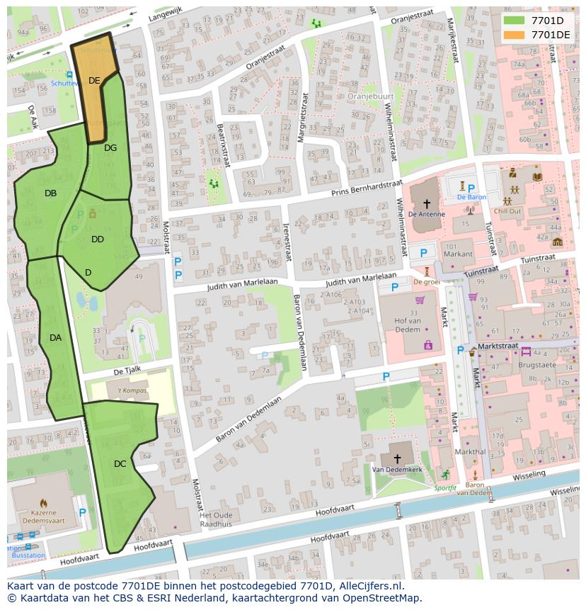 Afbeelding van het postcodegebied 7701 DE op de kaart.