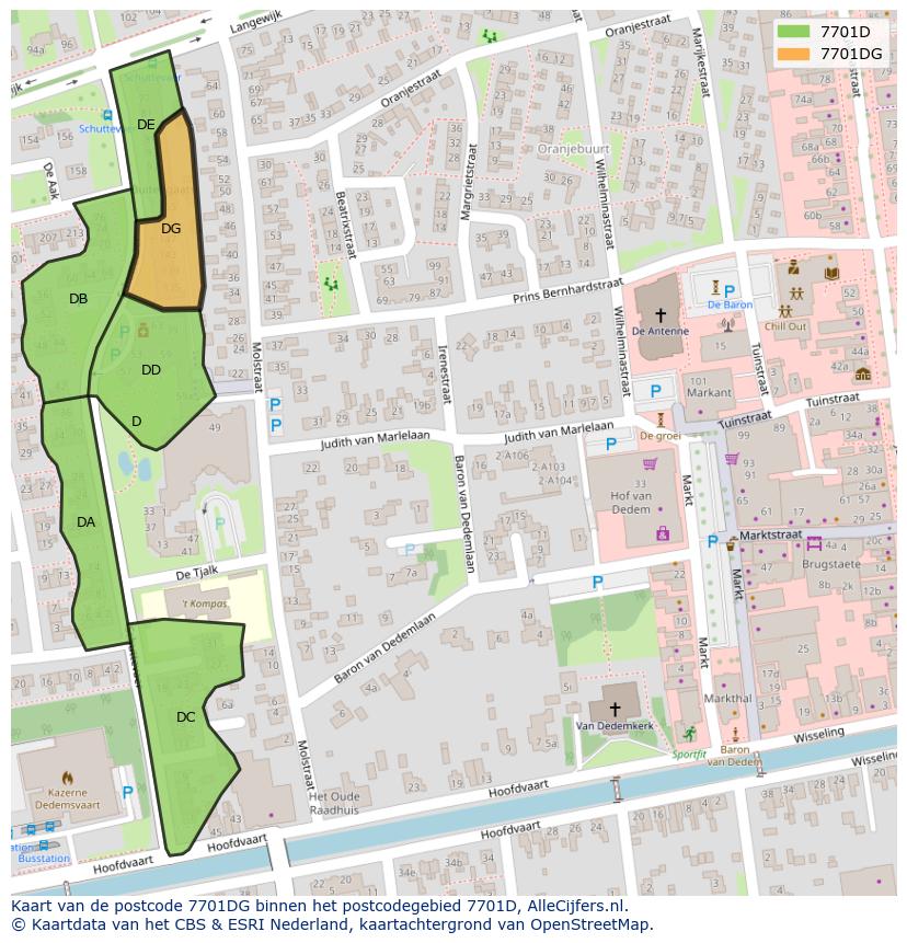 Afbeelding van het postcodegebied 7701 DG op de kaart.