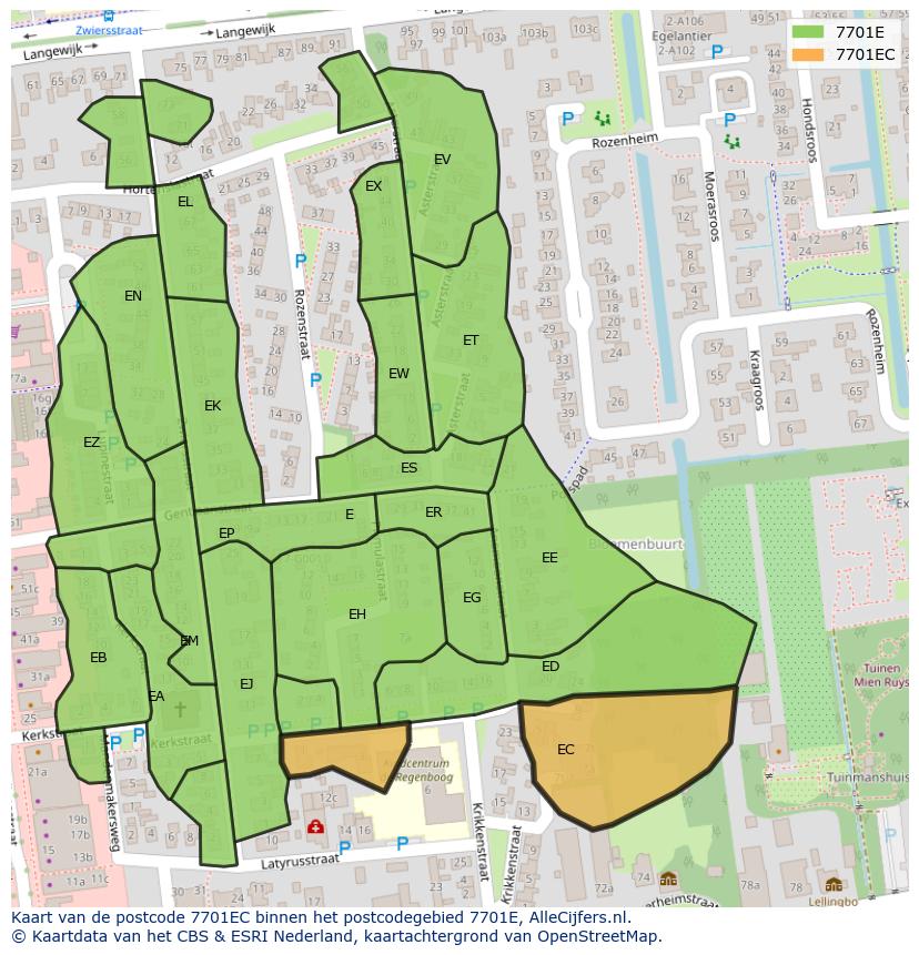Afbeelding van het postcodegebied 7701 EC op de kaart.