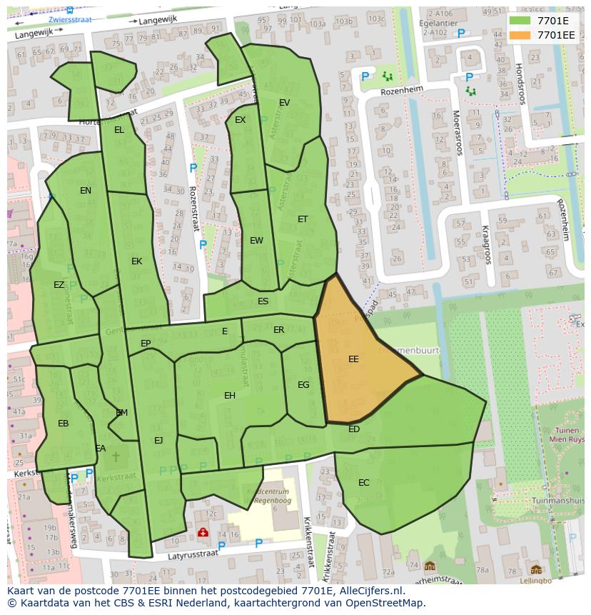 Afbeelding van het postcodegebied 7701 EE op de kaart.