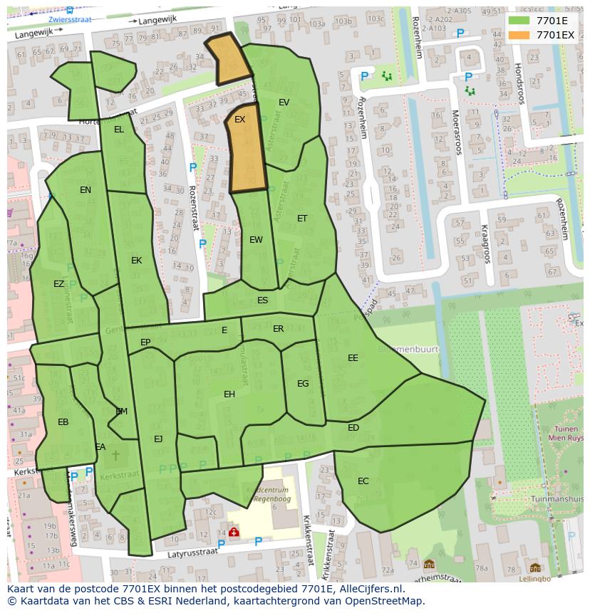 Afbeelding van het postcodegebied 7701 EX op de kaart.