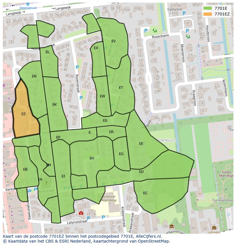 Afbeelding van het postcodegebied 7701 EZ op de kaart.