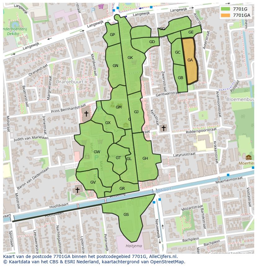 Afbeelding van het postcodegebied 7701 GA op de kaart.