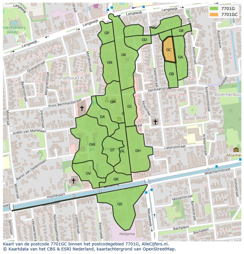 Afbeelding van het postcodegebied 7701 GC op de kaart.
