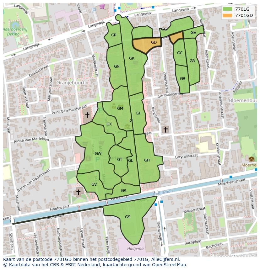 Afbeelding van het postcodegebied 7701 GD op de kaart.