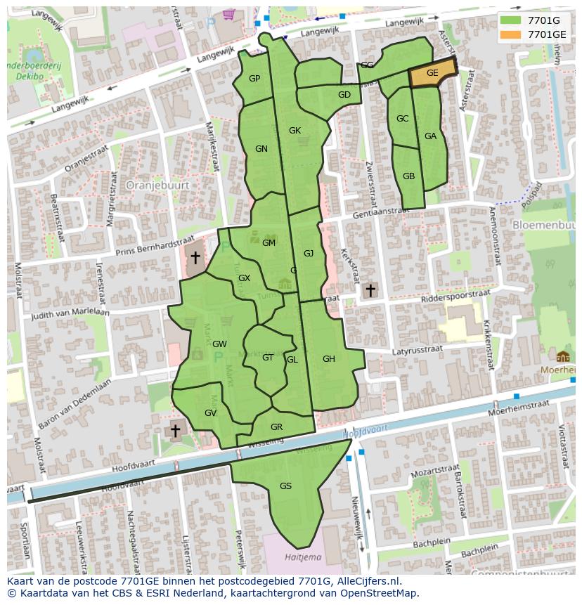 Afbeelding van het postcodegebied 7701 GE op de kaart.