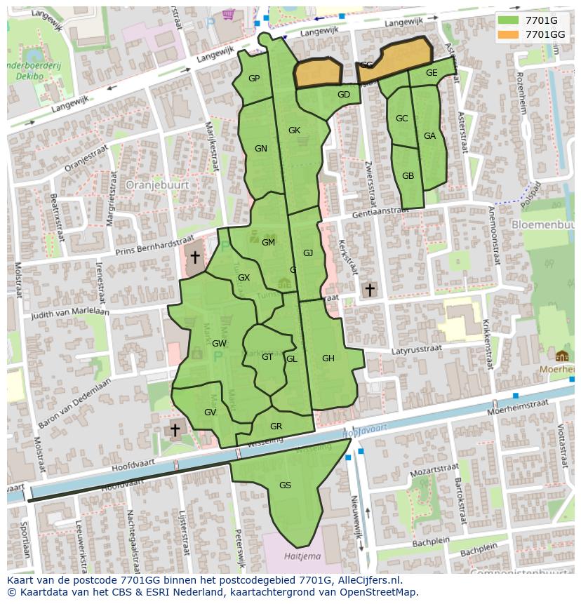 Afbeelding van het postcodegebied 7701 GG op de kaart.