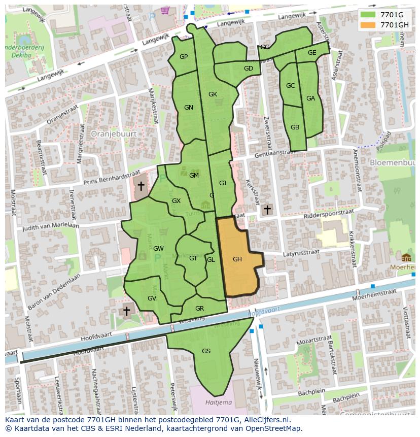 Afbeelding van het postcodegebied 7701 GH op de kaart.