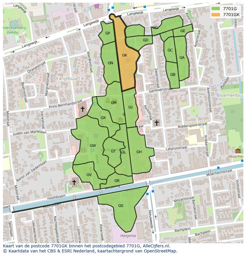 Afbeelding van het postcodegebied 7701 GK op de kaart.