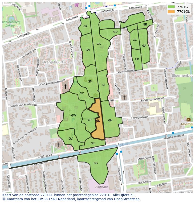 Afbeelding van het postcodegebied 7701 GL op de kaart.