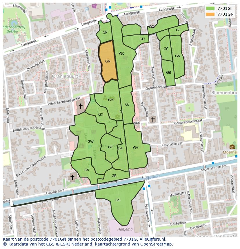 Afbeelding van het postcodegebied 7701 GN op de kaart.