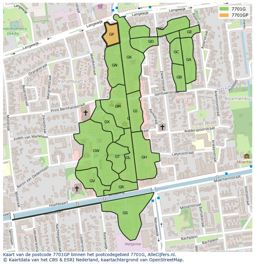 Afbeelding van het postcodegebied 7701 GP op de kaart.