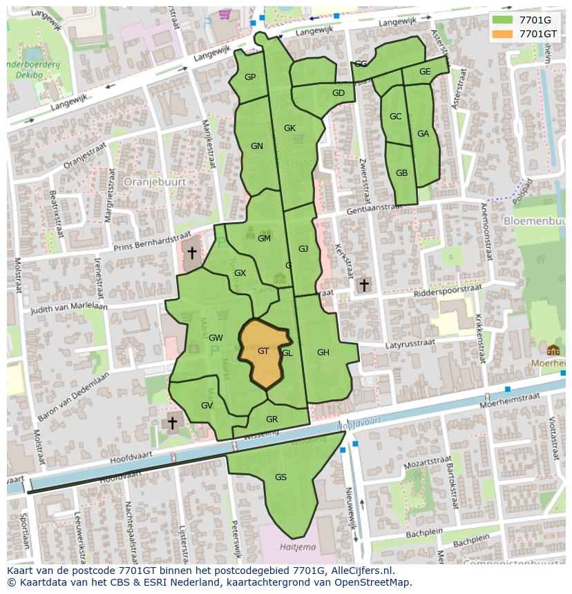 Afbeelding van het postcodegebied 7701 GT op de kaart.