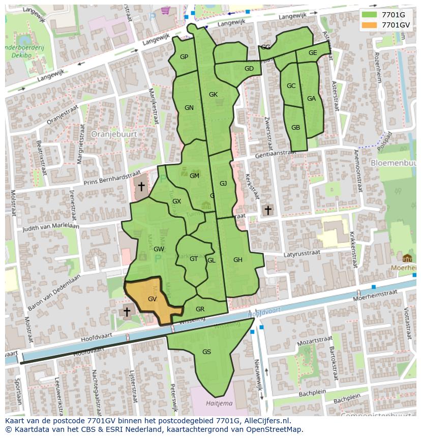 Afbeelding van het postcodegebied 7701 GV op de kaart.