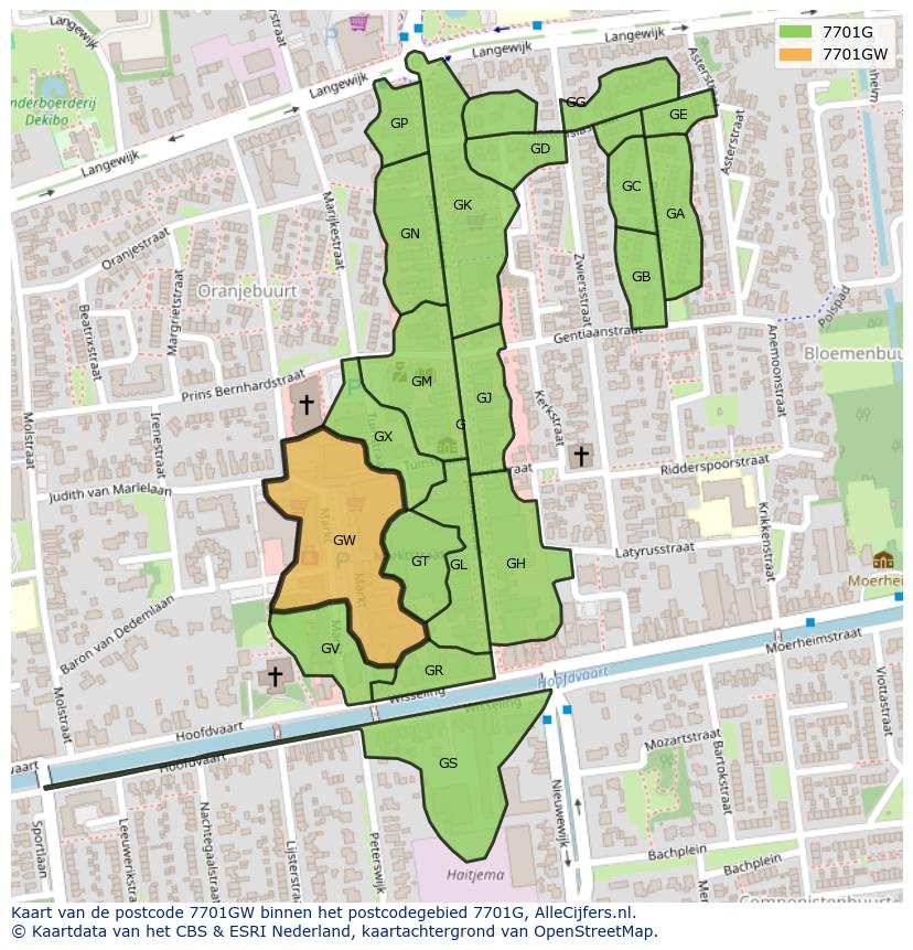 Afbeelding van het postcodegebied 7701 GW op de kaart.