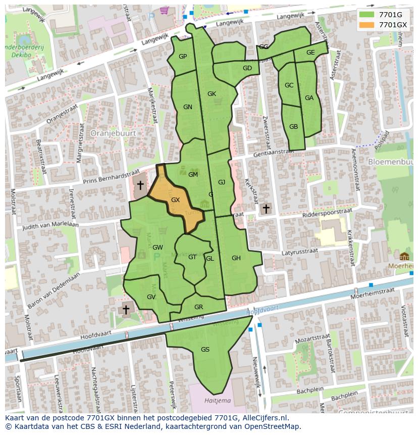 Afbeelding van het postcodegebied 7701 GX op de kaart.