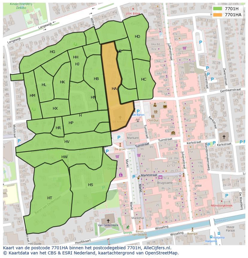 Afbeelding van het postcodegebied 7701 HA op de kaart.