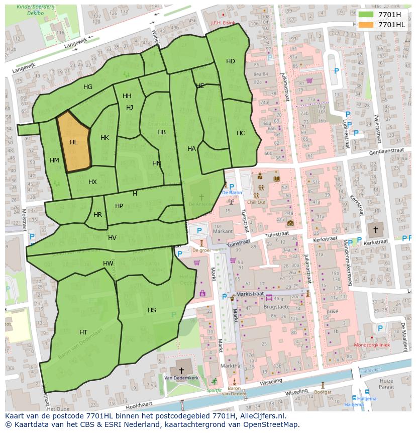 Afbeelding van het postcodegebied 7701 HL op de kaart.