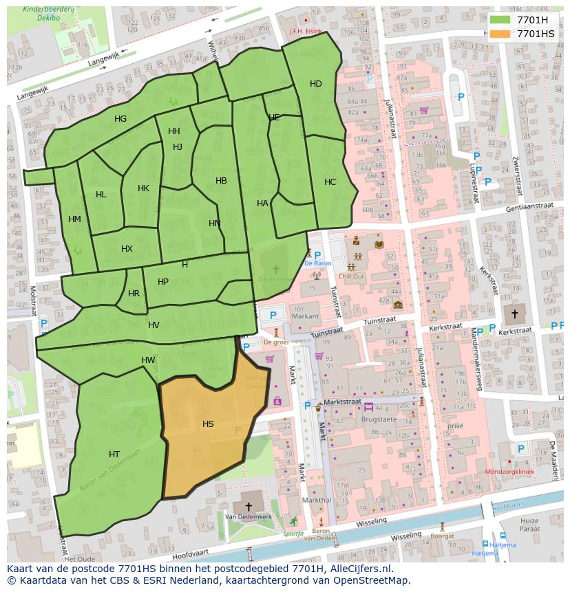 Afbeelding van het postcodegebied 7701 HS op de kaart.