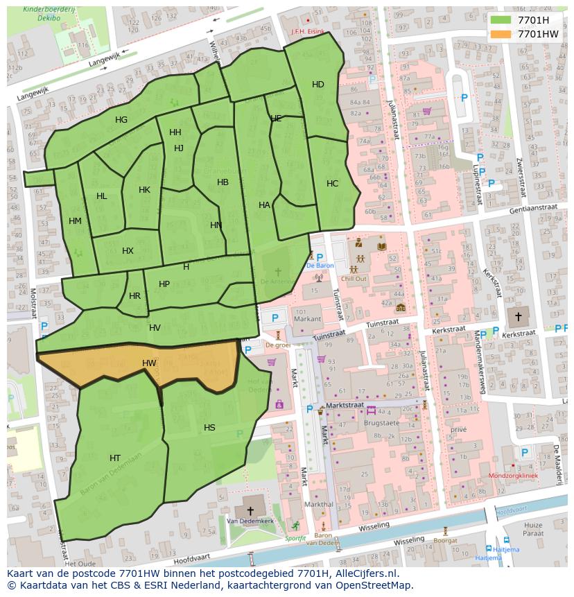Afbeelding van het postcodegebied 7701 HW op de kaart.