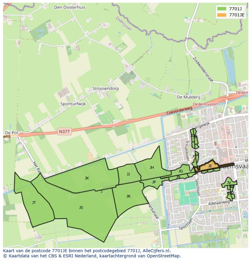Afbeelding van het postcodegebied 7701 JE op de kaart.