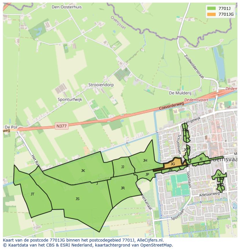 Afbeelding van het postcodegebied 7701 JG op de kaart.