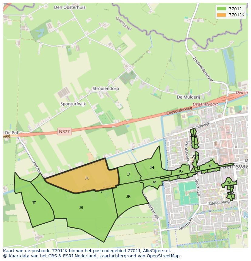 Afbeelding van het postcodegebied 7701 JK op de kaart.