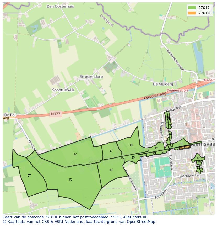 Afbeelding van het postcodegebied 7701 JL op de kaart.