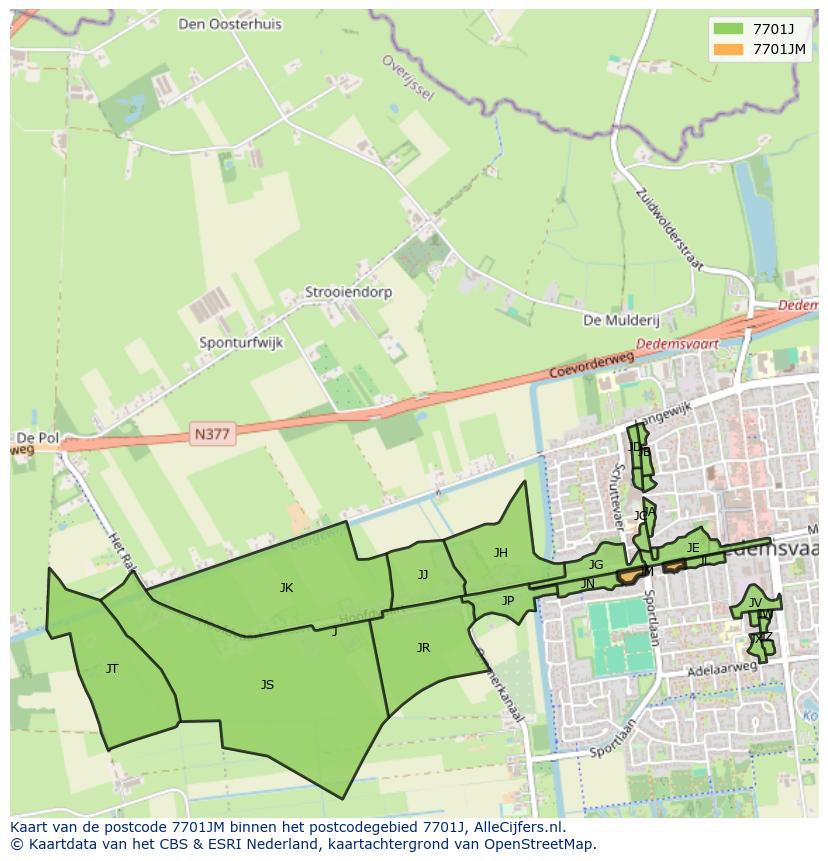 Afbeelding van het postcodegebied 7701 JM op de kaart.