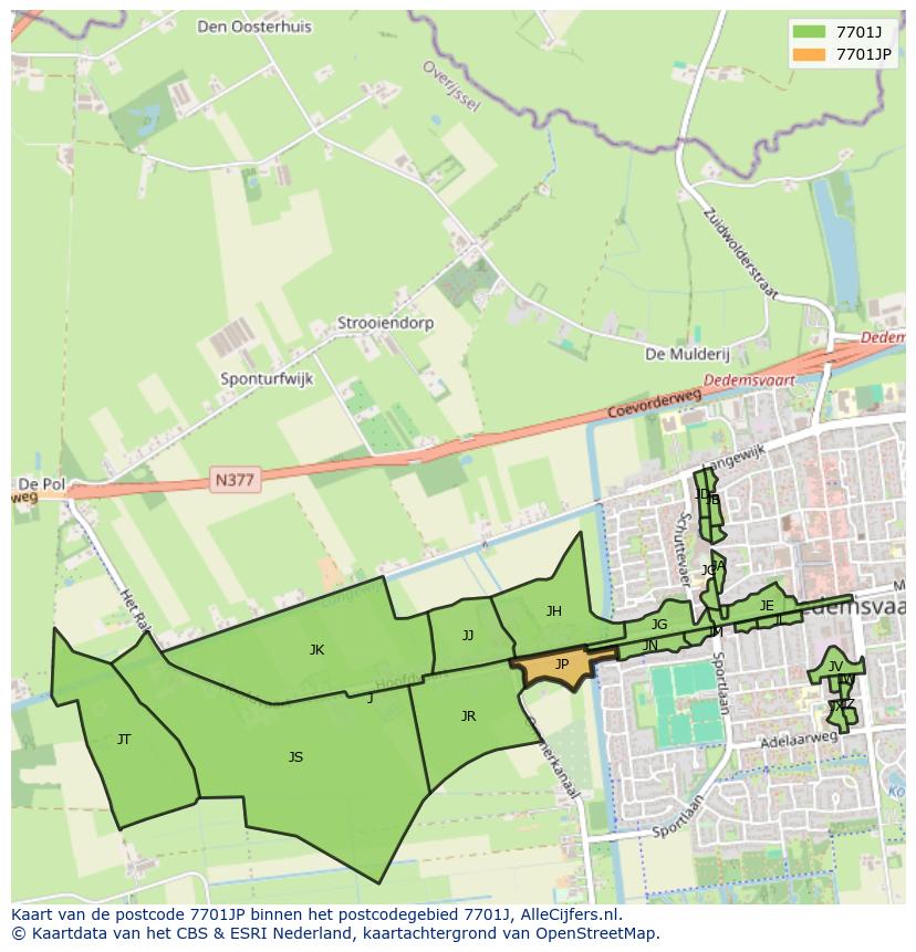 Afbeelding van het postcodegebied 7701 JP op de kaart.