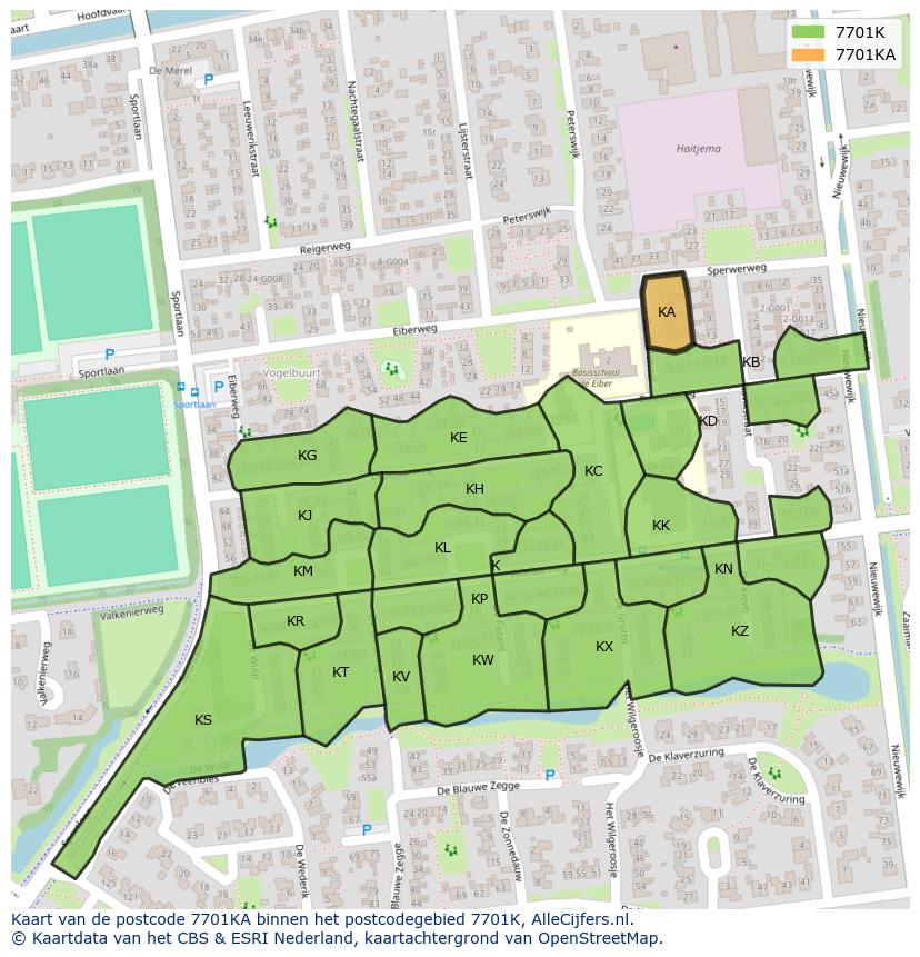 Afbeelding van het postcodegebied 7701 KA op de kaart.
