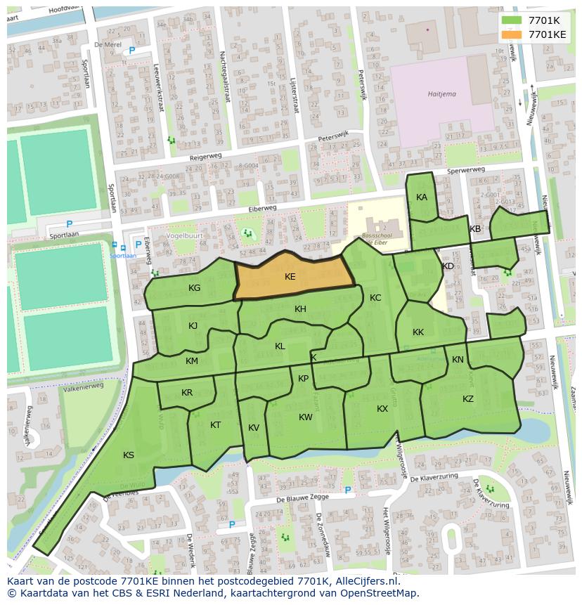 Afbeelding van het postcodegebied 7701 KE op de kaart.