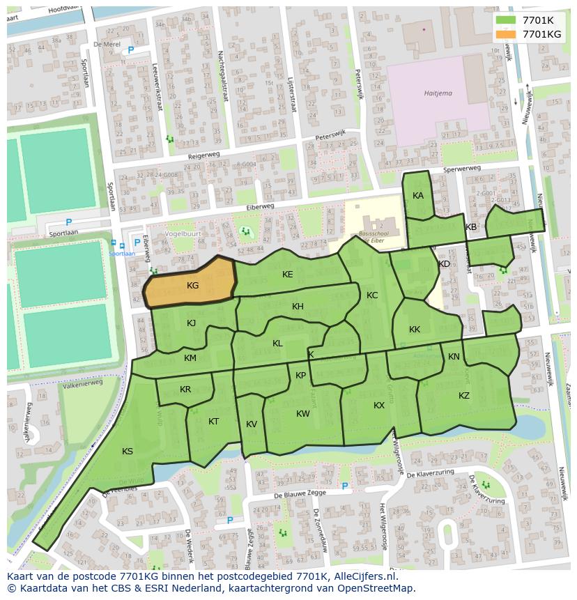 Afbeelding van het postcodegebied 7701 KG op de kaart.