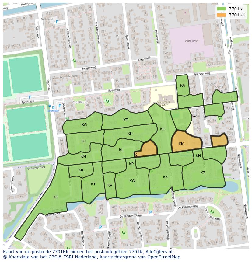 Afbeelding van het postcodegebied 7701 KK op de kaart.