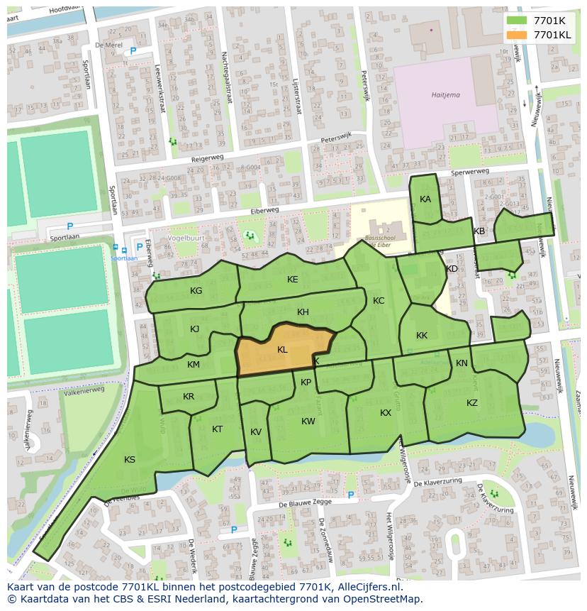 Afbeelding van het postcodegebied 7701 KL op de kaart.