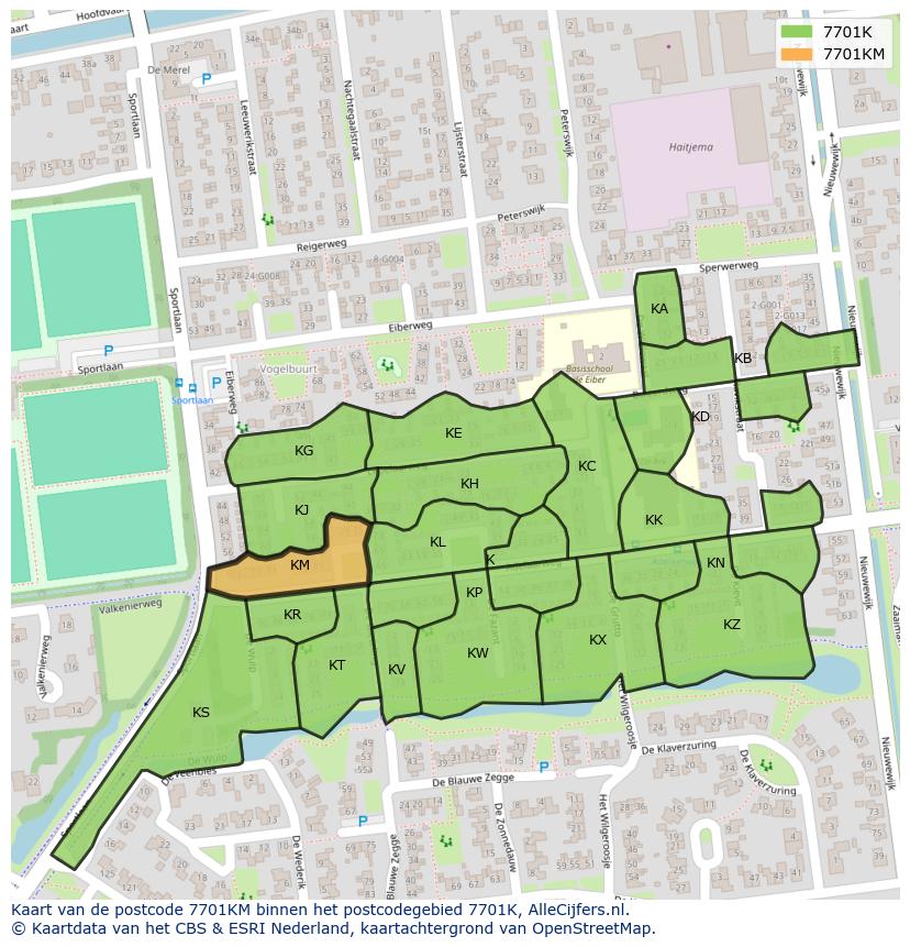 Afbeelding van het postcodegebied 7701 KM op de kaart.