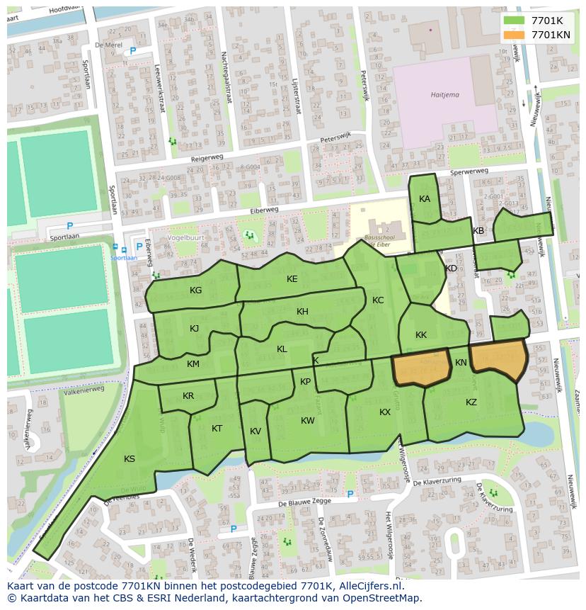 Afbeelding van het postcodegebied 7701 KN op de kaart.