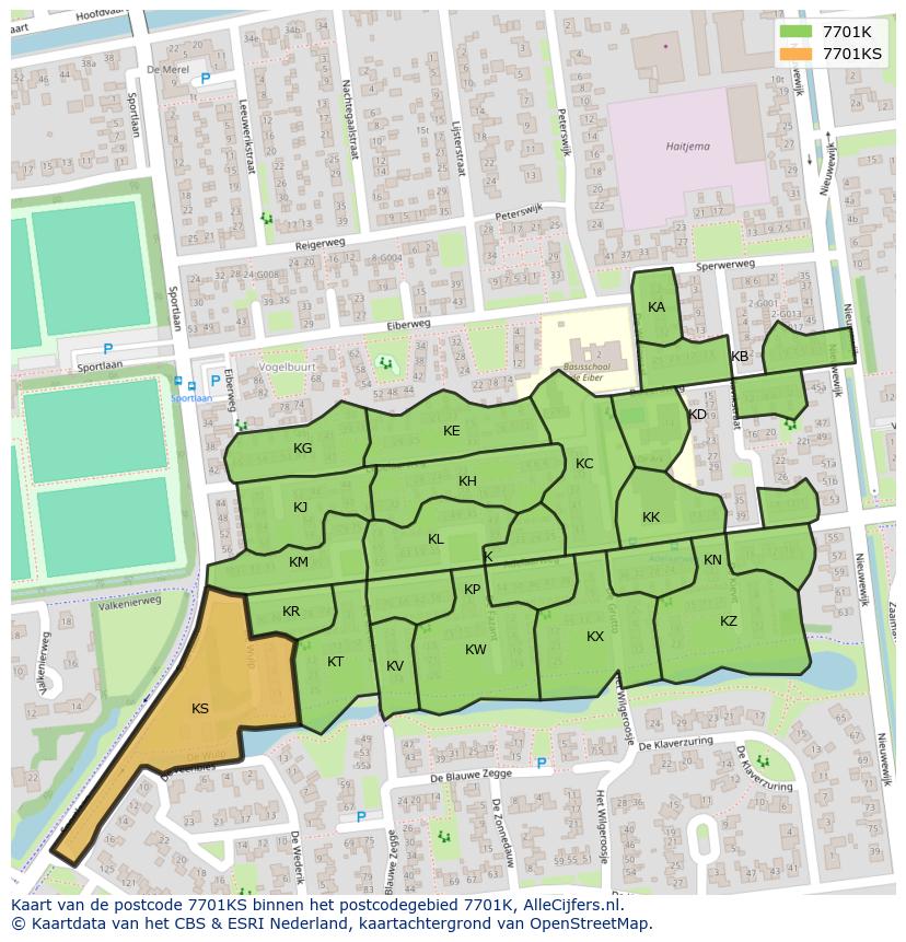 Afbeelding van het postcodegebied 7701 KS op de kaart.