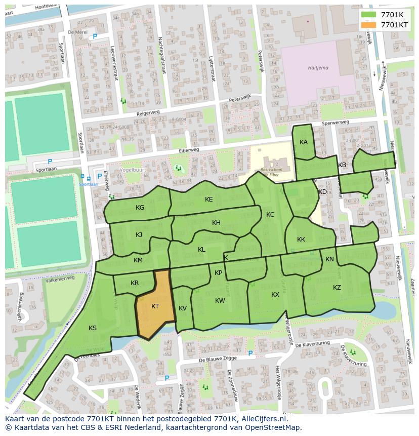 Afbeelding van het postcodegebied 7701 KT op de kaart.