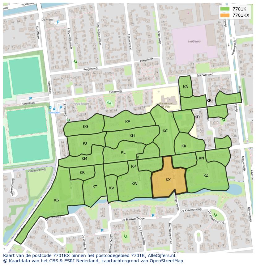 Afbeelding van het postcodegebied 7701 KX op de kaart.