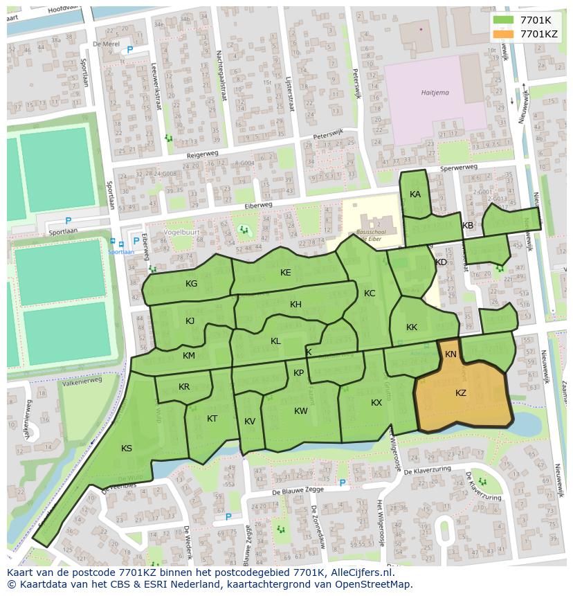 Afbeelding van het postcodegebied 7701 KZ op de kaart.