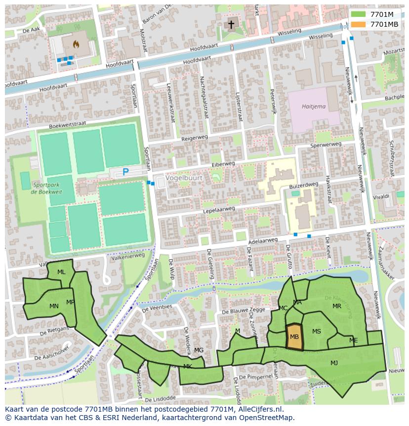 Afbeelding van het postcodegebied 7701 MB op de kaart.