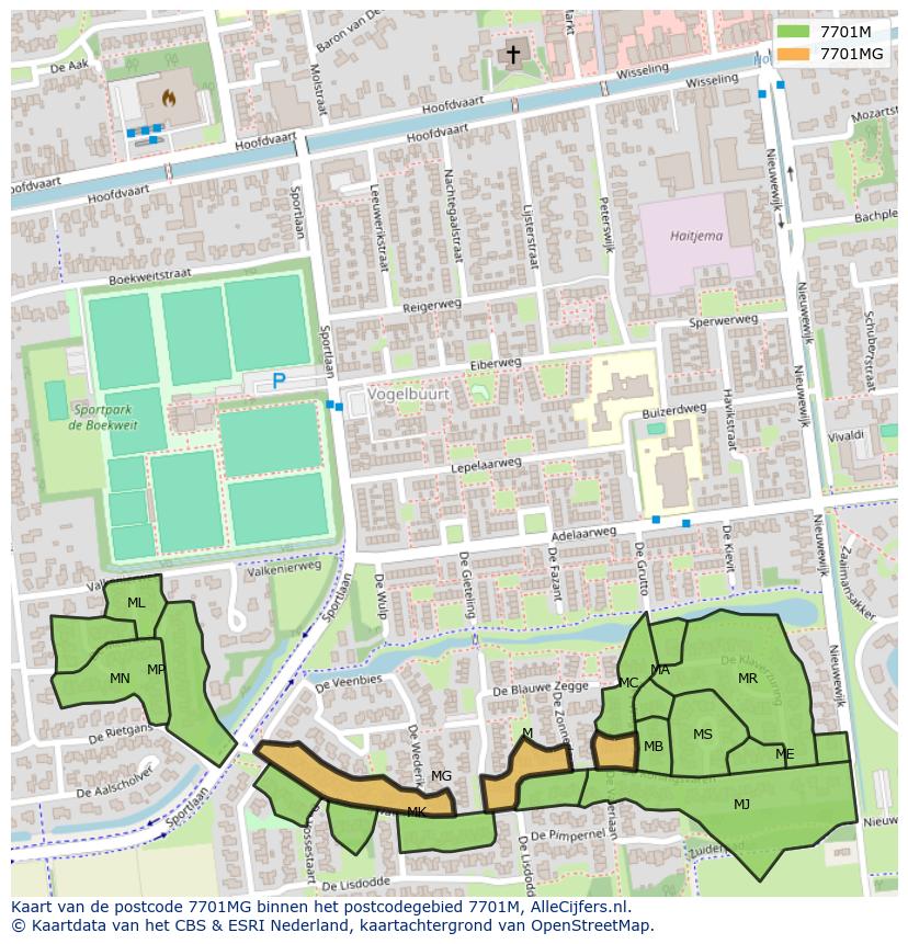 Afbeelding van het postcodegebied 7701 MG op de kaart.